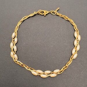 Vintage Monet Braided Faux Rice Pearl Bracelet‎ Gold Tone Classic 7"